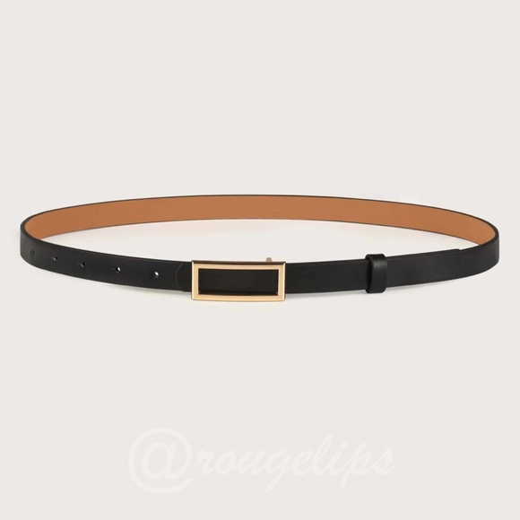 Black Skinny PU Leather Belt Gold Tone Rectangular Buckle - Picture 2 of 4